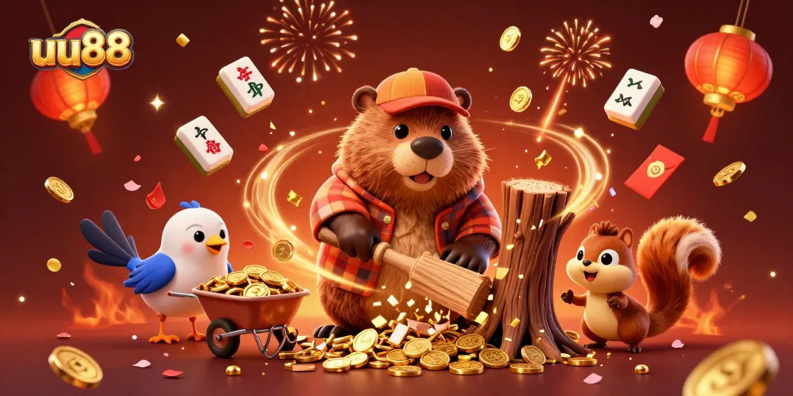 Experience the excitement at uu88 with a lively scene of a cartoon beaver collecting golden coins in a vibrant casino atmosphere.