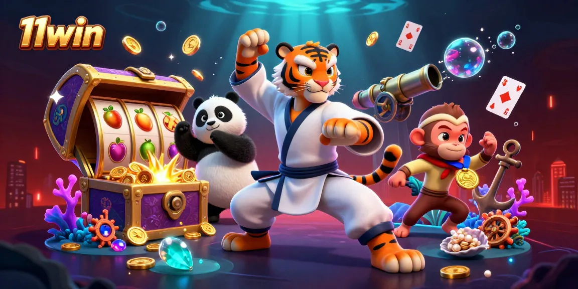 Engage with 11win's vibrant fantasy scene featuring kung fu tiger and panda amidst slots and treasure.
