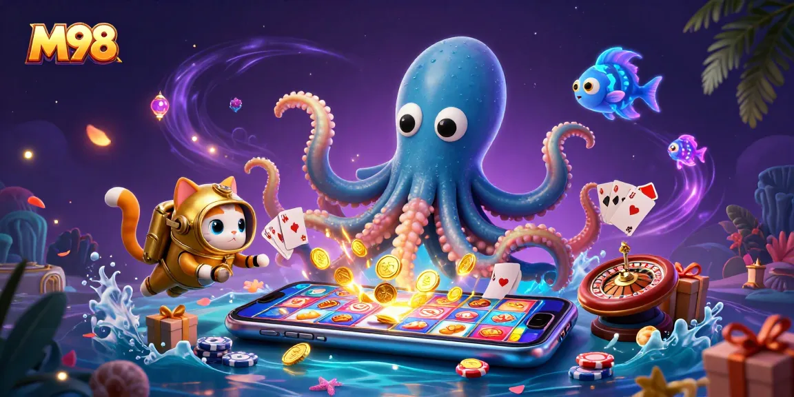 M98 casino action illustrated with a kraken, diving cat, and slot game excitement