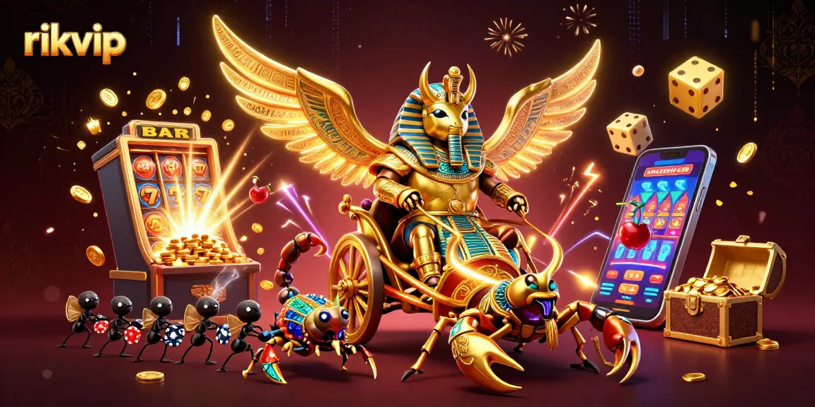 Experience thrilling gameplay at rikvip with a colossal golden scarab beetle navigating a vibrant casino scene filled with excitement.