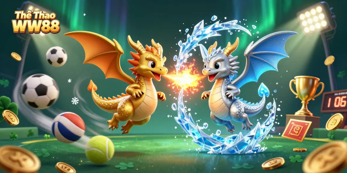 Join the excitement of Thể Thao WW88 with dynamic sports balls and mystical dragons in an engaging 3D scene.