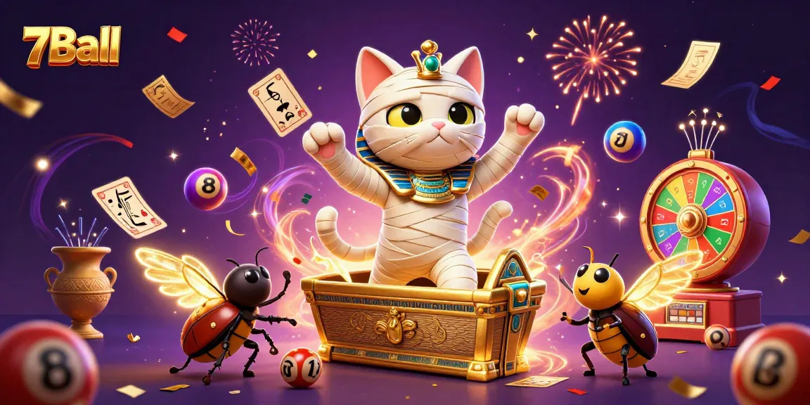 Experience thrilling gaming at 7Ball as the Egyptian mummy cat bursts forth in a captivating casino scene.