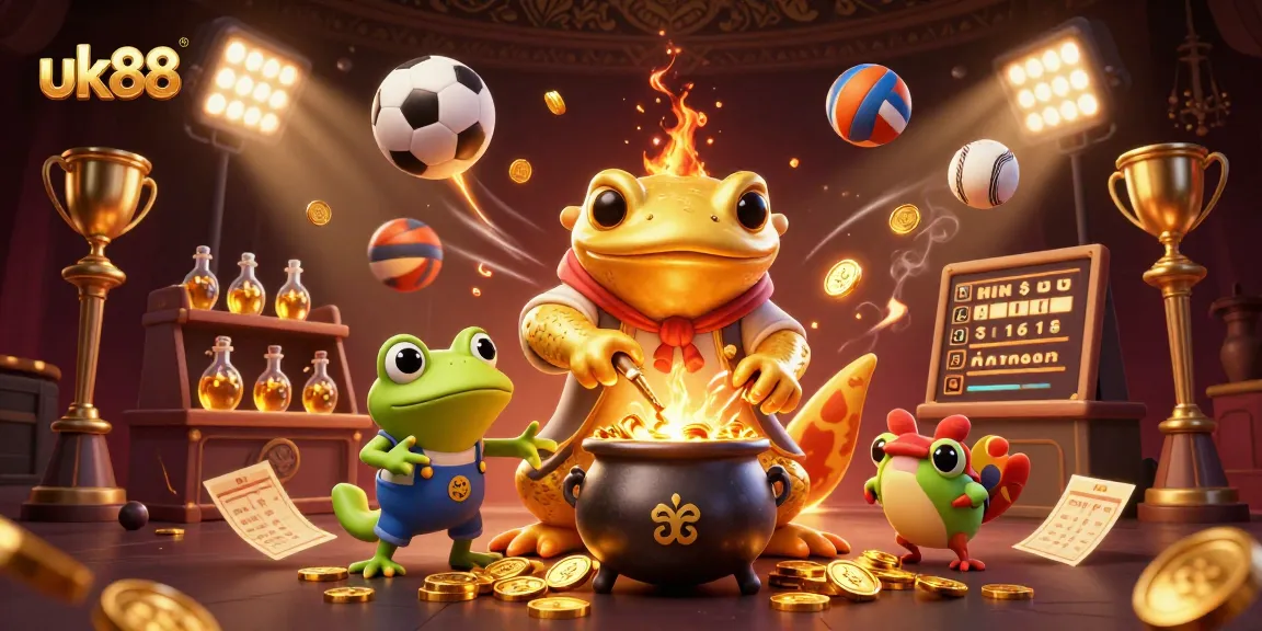 uk88 engages in thrilling sports betting with a dynamic scene featuring gold coins and vibrant sports elements.