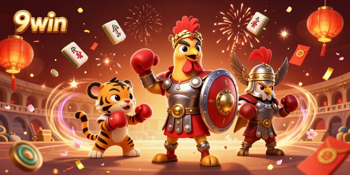 Engage with 9win's dynamic casino scene featuring action and excitement in a vibrant illustration.