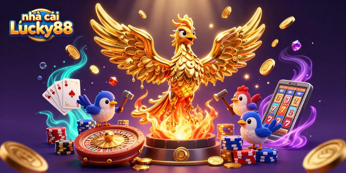 Experience the thrill of nhà cái Lucky88 with a mesmerizing golden phoenix rising from coins.