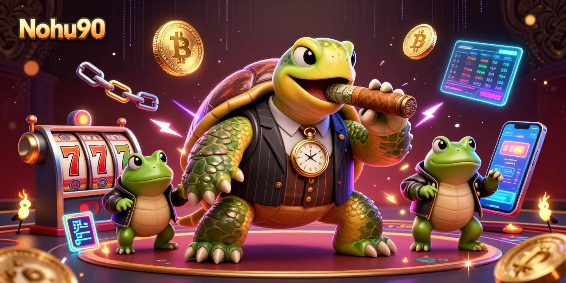 Nohu90 showcases a vibrant 3D casino scene with a mobster turtle and bullfrogs enjoying a jackpot hunt.