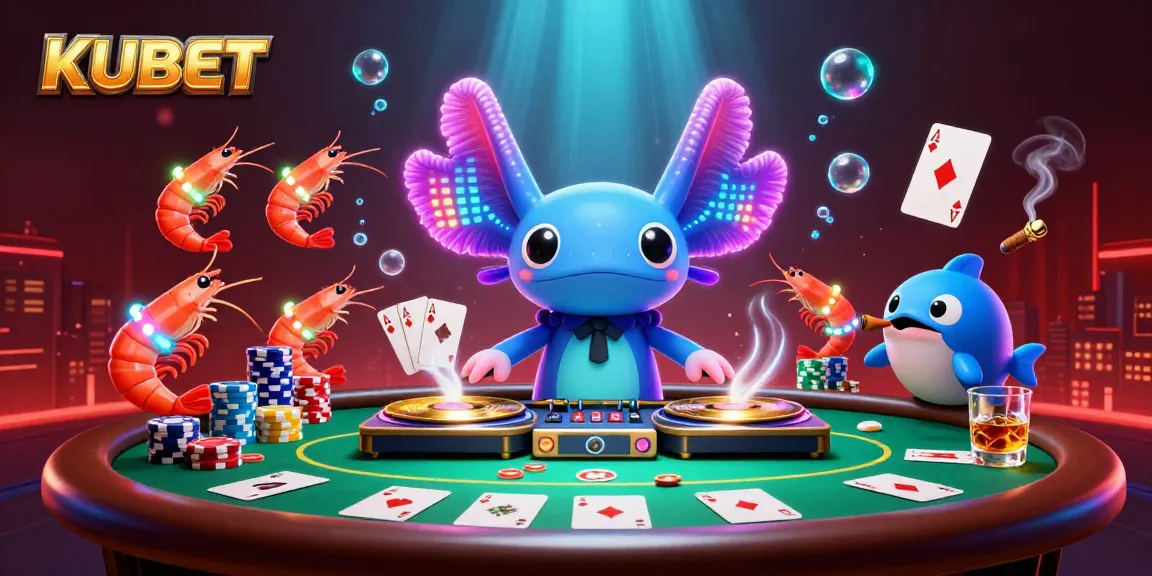 KUBET offers an exciting underwater casino scene with a neon DJ, poker elements, and vibrant marine life.