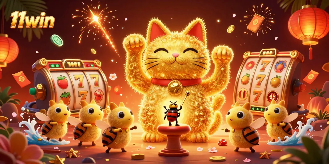Join 11win's dynamic lucky cat showcasing vivid slot symbols in an enchanting casino scene.