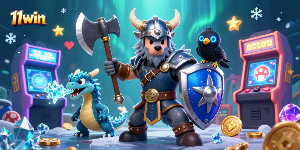Experience 11win's thrilling gaming adventure with a Viking warrior, fierce dragon, and vibrant casino elements.