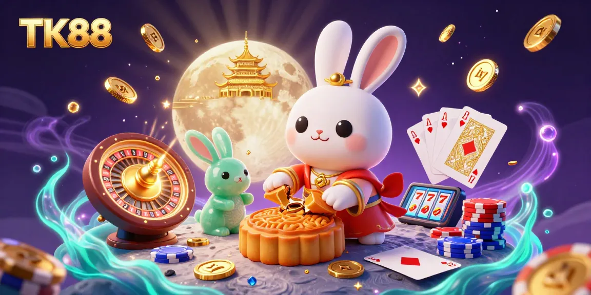 Experience the excitement of gambling with TK88 as a cartoon moon rabbit reveals poker chips hidden in mooncakes.