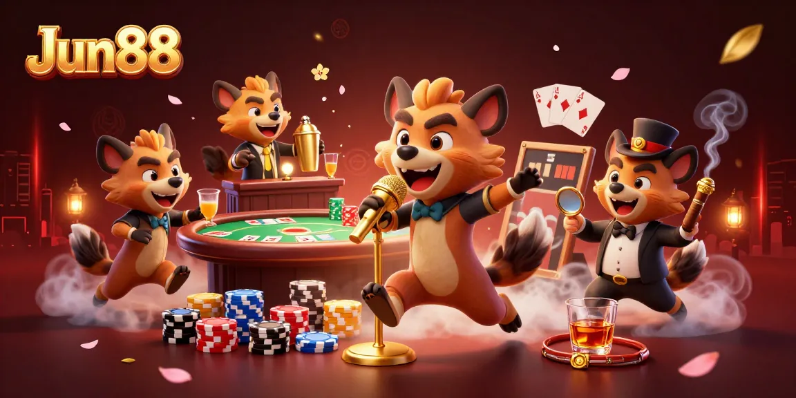 Jun88 hyenas entertain at a vibrant casino with a stand-up act, poker elements, and lively ambiance.