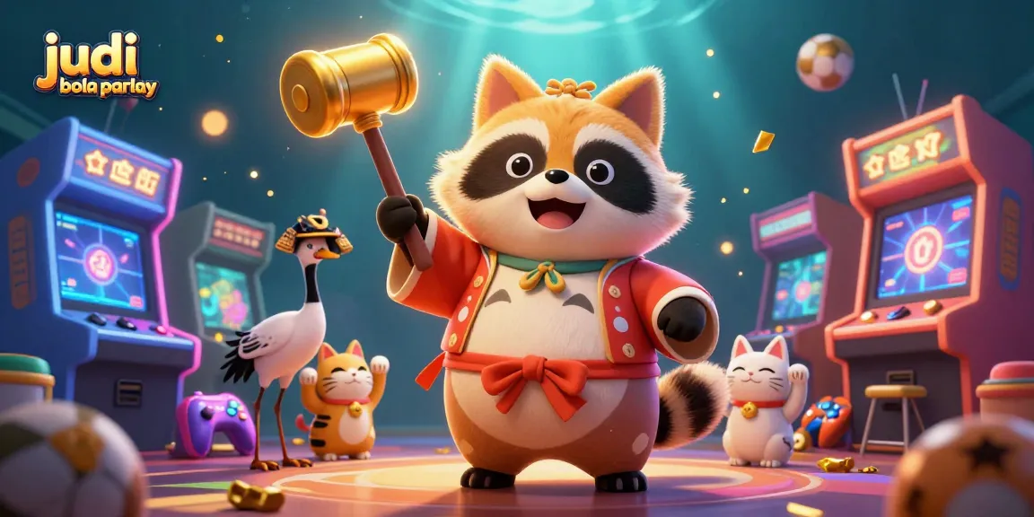 Engage with judi bola parlay action featuring a cheerful tanuki and lively game elements in a dynamic sports betting scene.