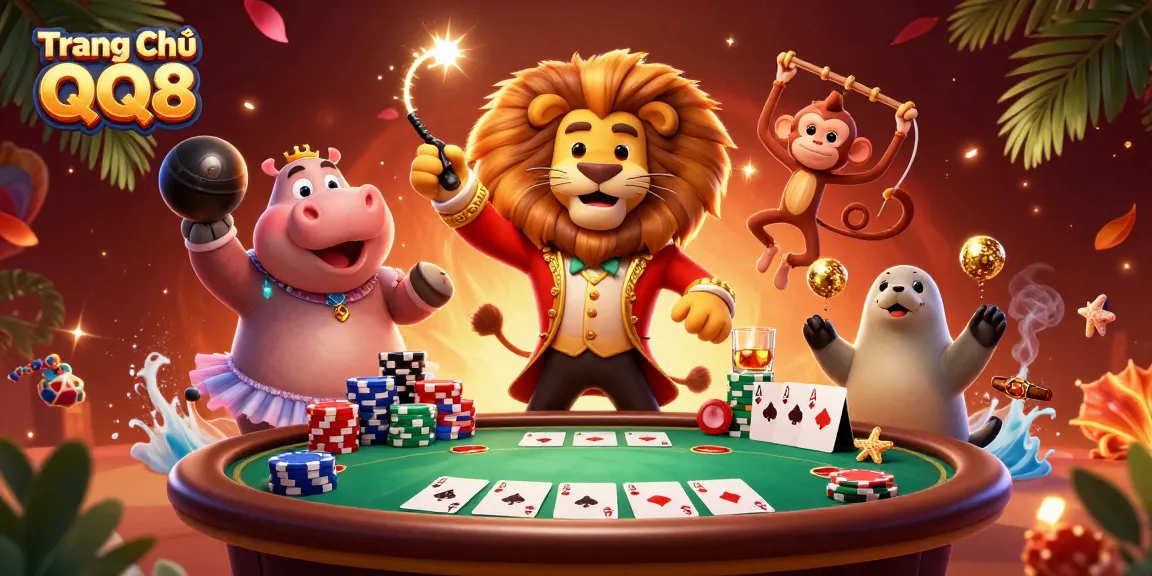 Experience high-stakes action on Trang Chủ QQ8 with a vivid illustration of casino characters and poker elements.