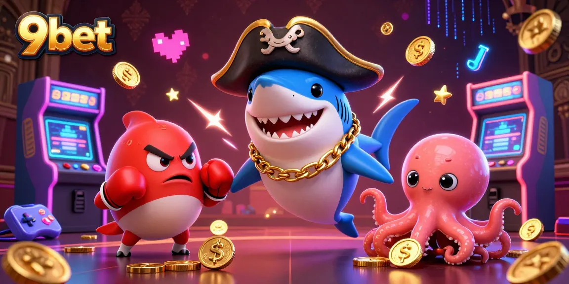 Engage with 9bet's thrilling casino adventure featuring a pirate shark and playful characters.