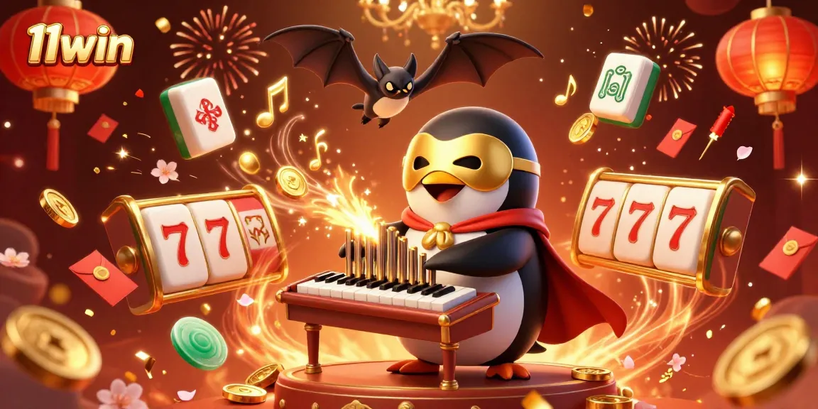 11win showcases a thrilling scene of a penguin in a casino, celebrating amidst golden coins and vibrant symbols.