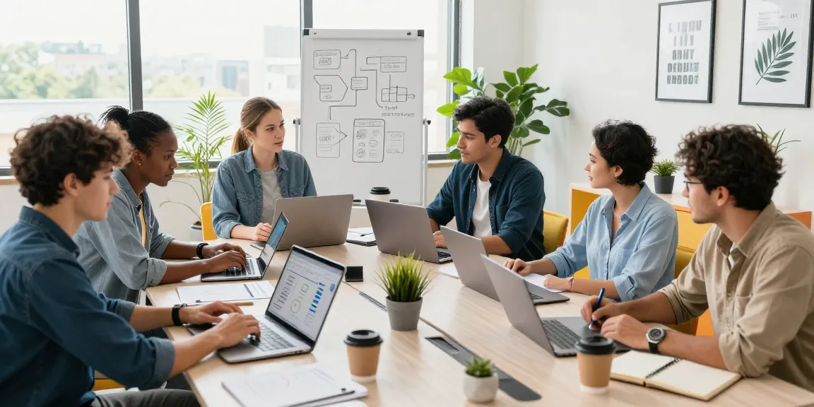 Build internal tools with AI as professionals collaborate in a modern office workspace.