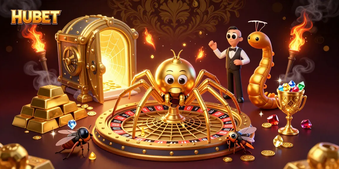 Experience thrilling bets at HUBET with a golden spider and centipede croupier in a lively casino scene.