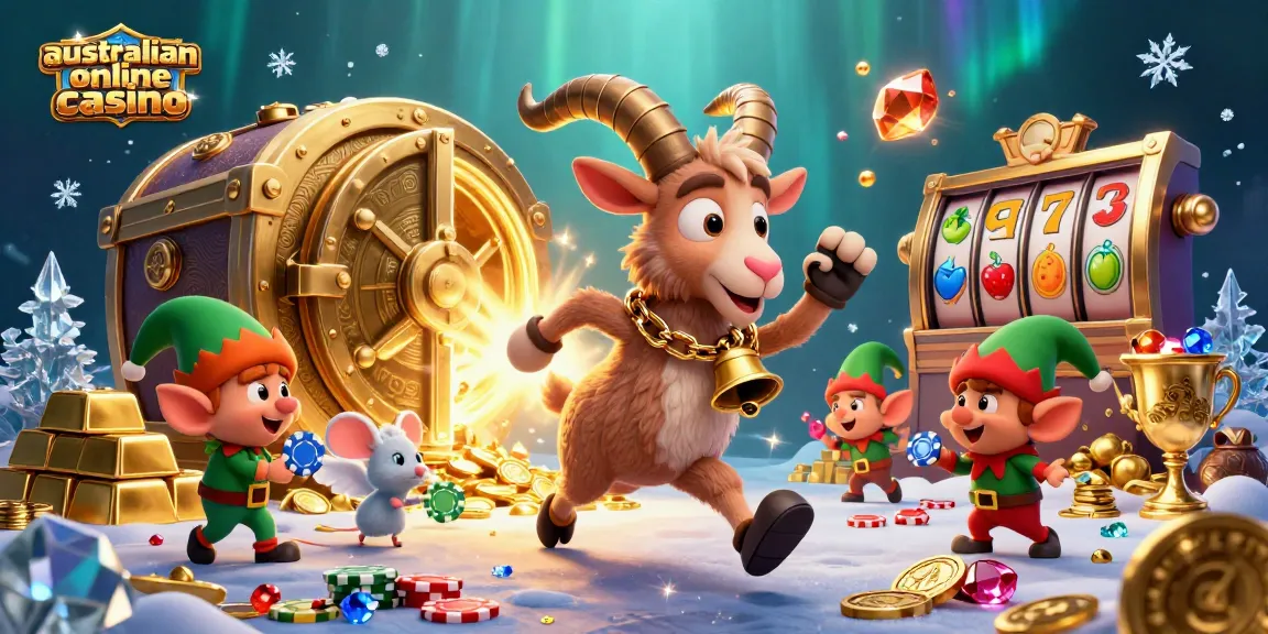 Experience the excitement of an australian online casino with festive characters and vibrant slot reels.