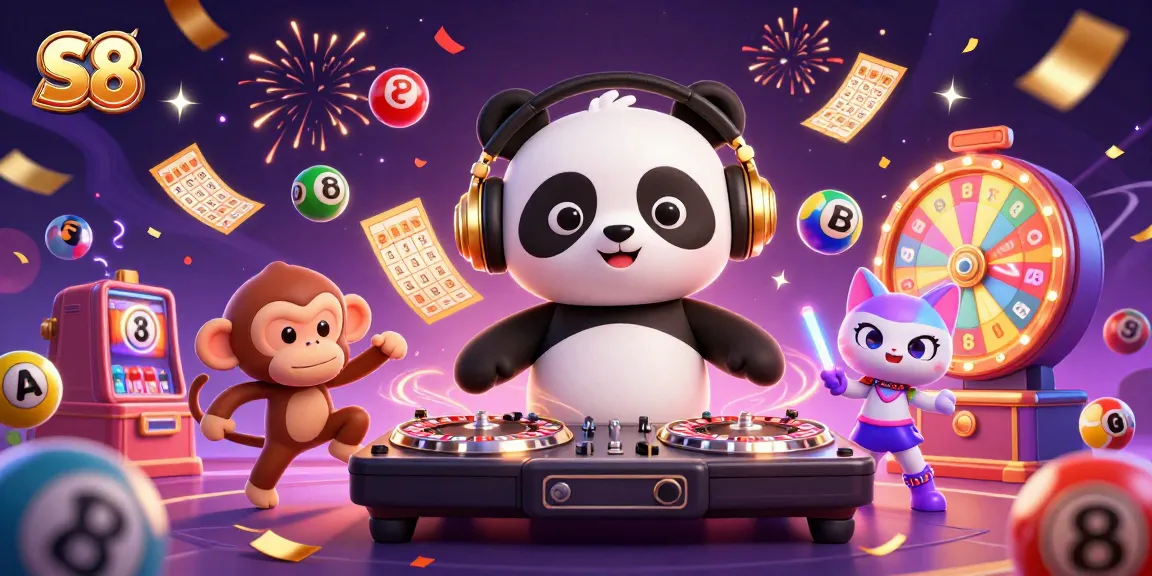 Join the excitement at S8 with colorful casino elements and a vibrant scene of partying characters.