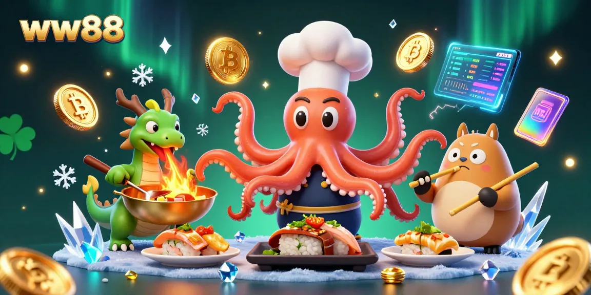 Experience thrilling gameplay at ww88 with a rich scene illustrating a sushi chef and dragon in a dynamic gambling casino.