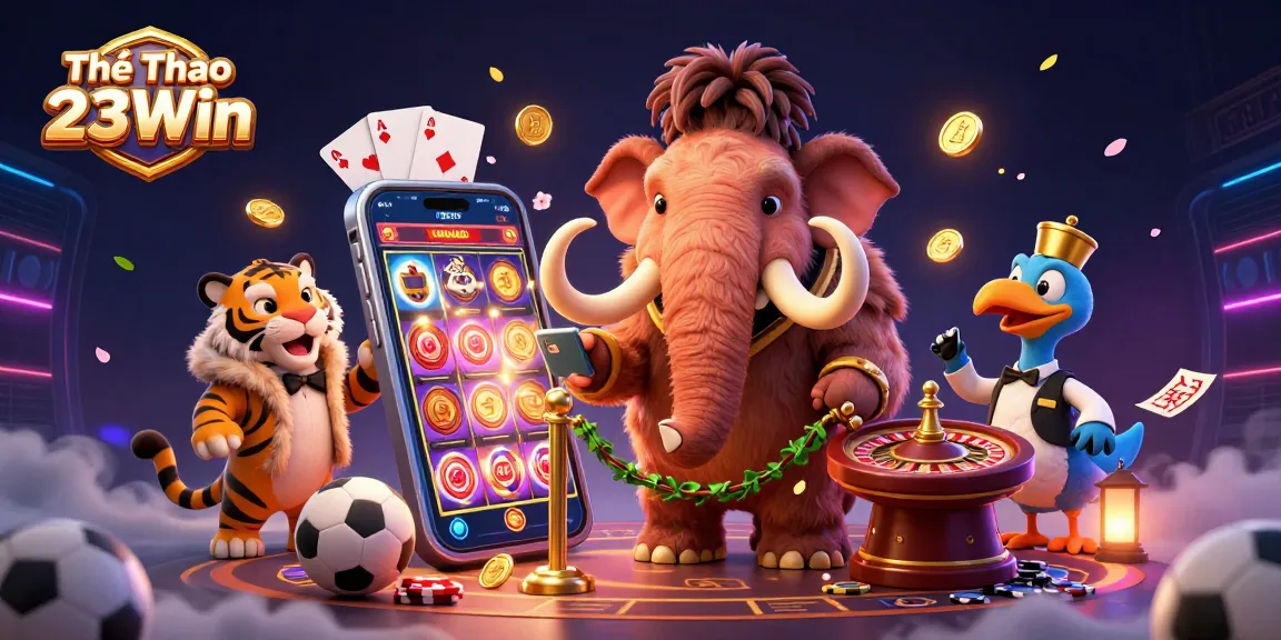 Thể Thao 23Win sports betting scene with a mammoth bouncer and vibrant game elements.