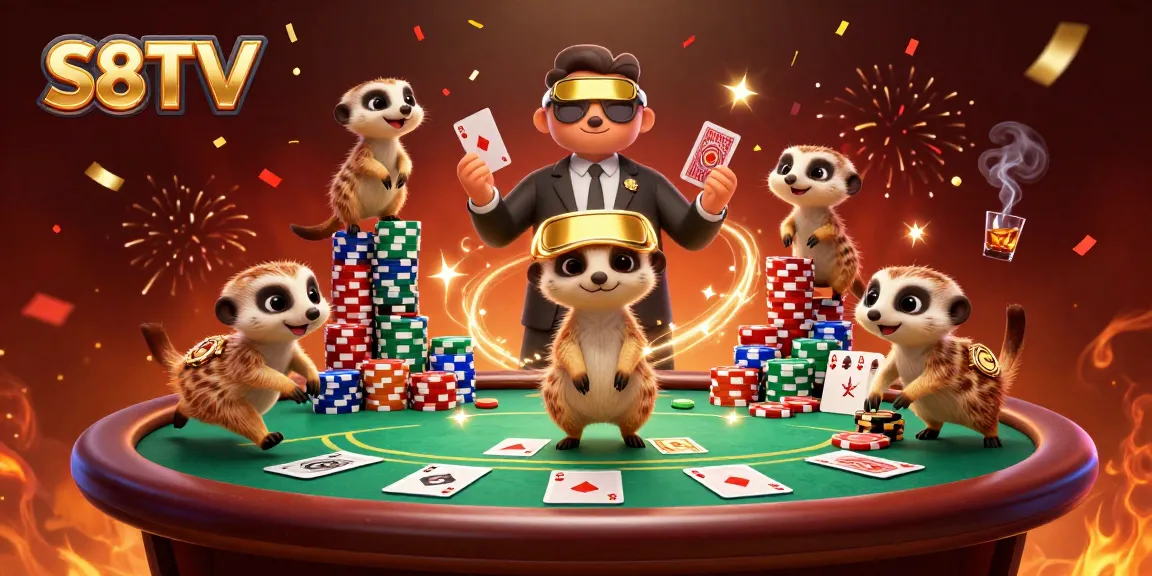 S8TV meerkats conducting a lively casino operation with vibrant game elements for an exciting betting atmosphere