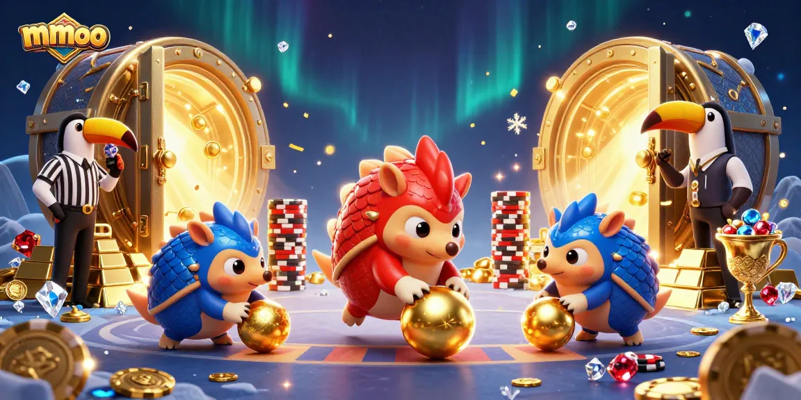 Engaging mmoo gameplay featuring rival pangolins amidst golden treasures and poker chips.