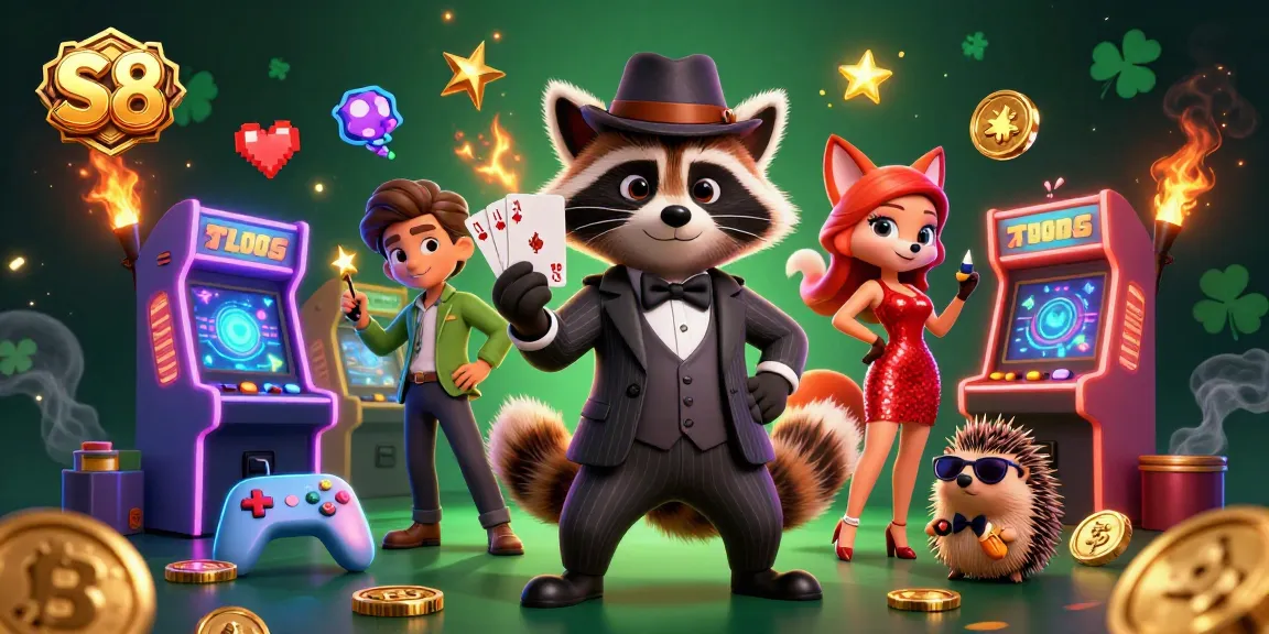 Experience thrilling wins at S8 with this vibrant 3D illustration showcasing colorful casino games and characters.