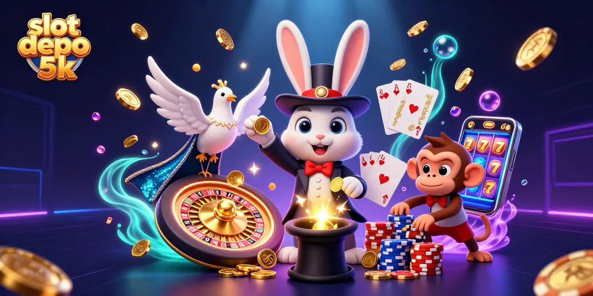 Win big with slot depo 5k, featuring cartoon characters in a vibrant casino scene