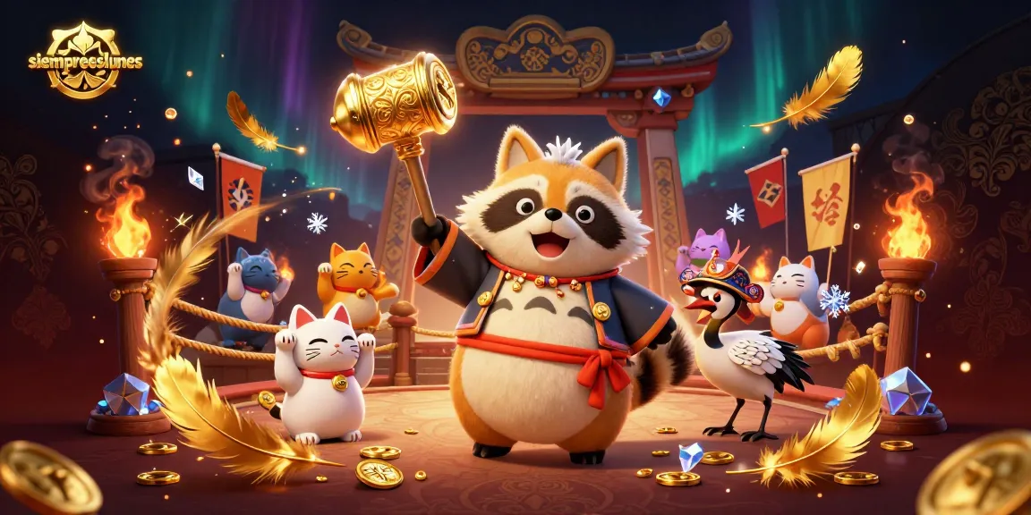 Engage with siempreeslunes in a vibrant 3D casino scene featuring lucky symbols and festive characters.